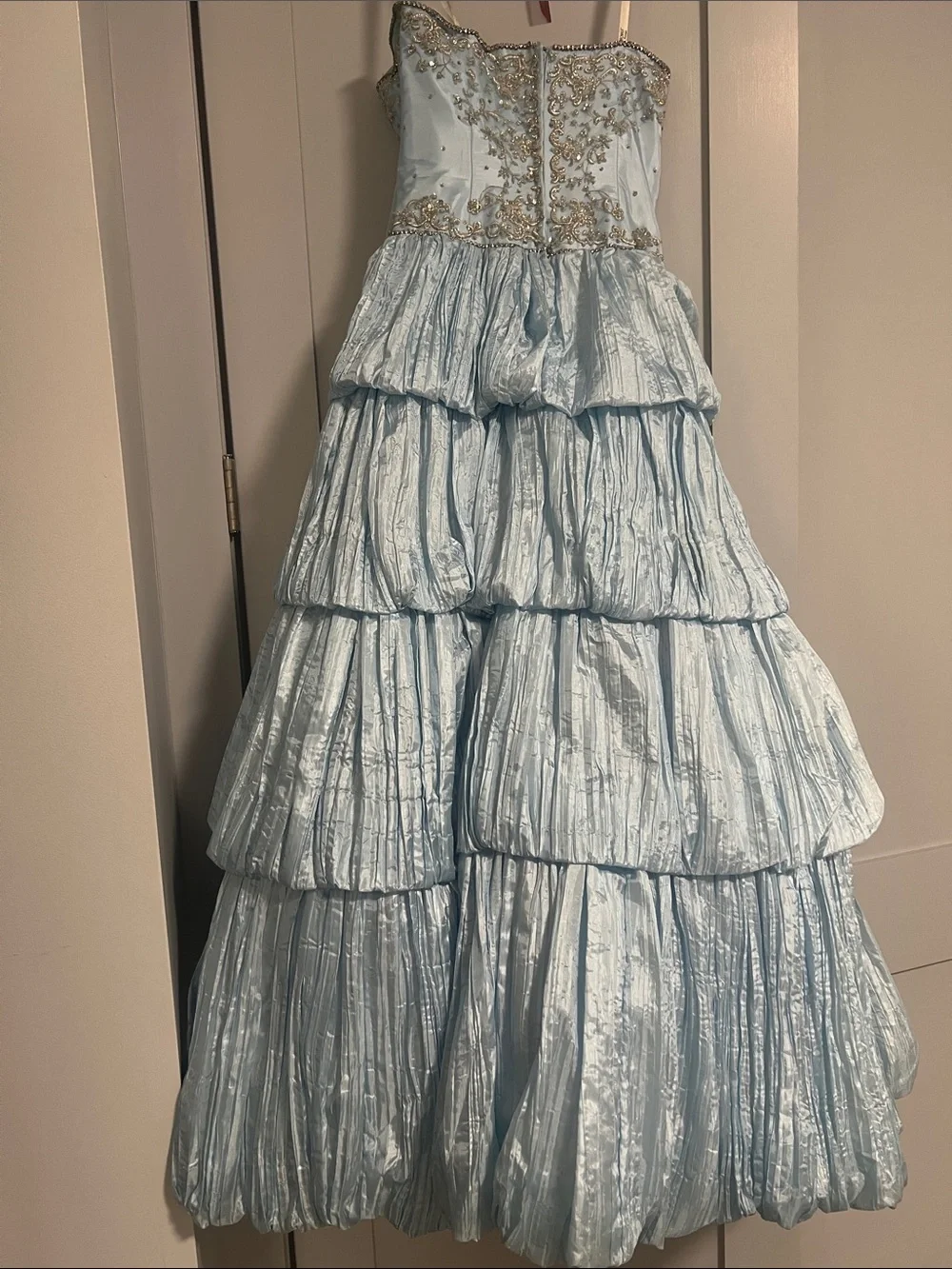 Tony Bowls Light Blue Tiered Ruffle Formal Dress with Gold Embellishment